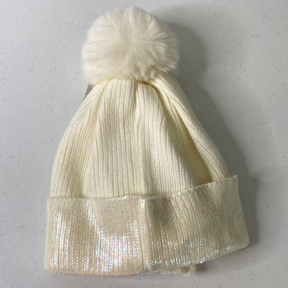 BP Nordstrom Ivory Multi Color Metallic Pom Pom Beanie Hat Wrist Warmer Set - Picture 3 of 11